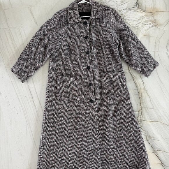 Vintage 60s Women's Full-Length Wool Swing Coat, B&W Herringbone, Red Accent - Picture 1 of 13